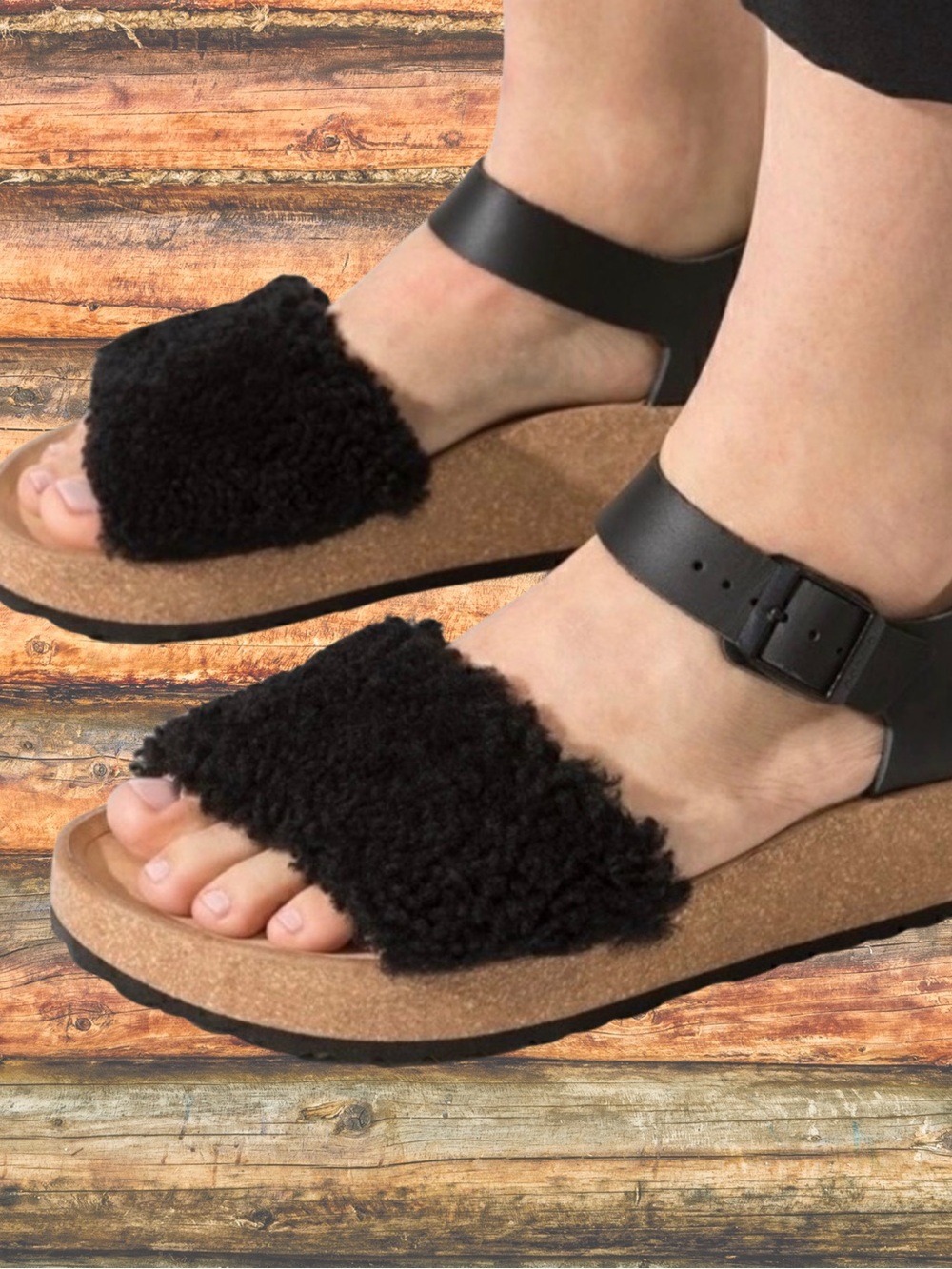 Women Glenda Papillio Birkenstock Leather Shearling Sandal Black EU38/US7-7.5